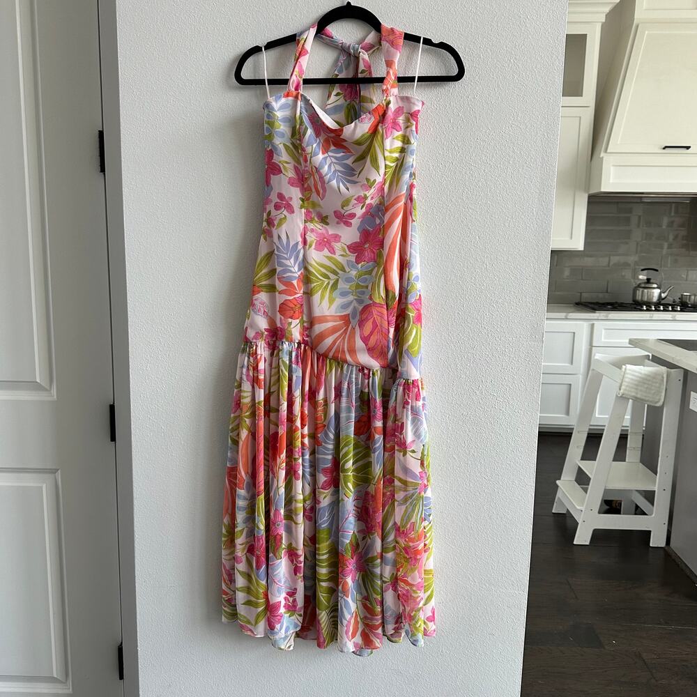 Dress Forum Drop waist tropical Midi Halter Dress Size Small
